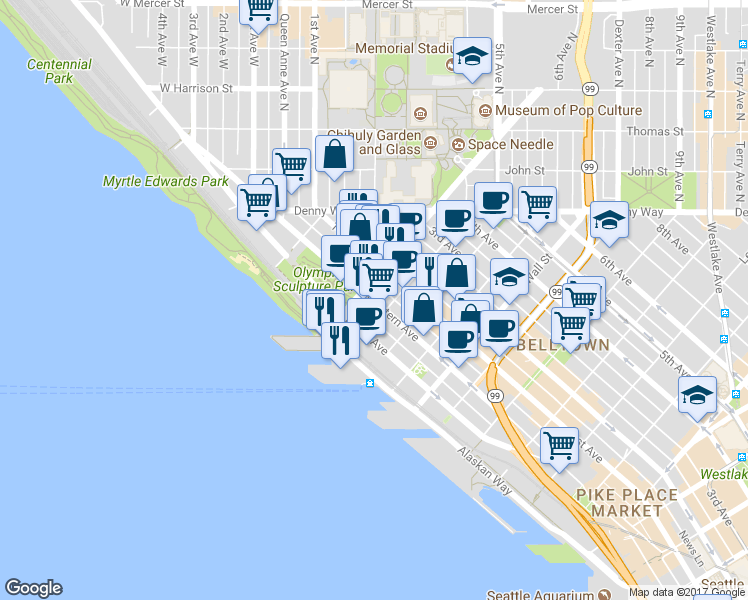 map of restaurants, bars, coffee shops, grocery stores, and more near 2801 Western Avenue in Seattle