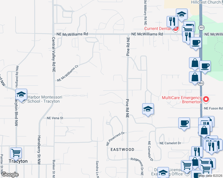 map of restaurants, bars, coffee shops, grocery stores, and more near 634 Northeast Dawn Road in Bremerton