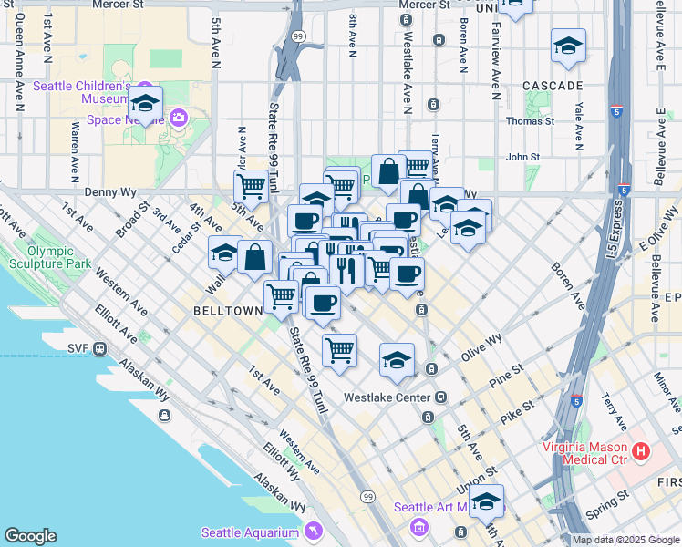 map of restaurants, bars, coffee shops, grocery stores, and more near 2201 6th Avenue in Seattle