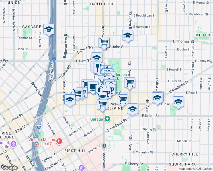 map of restaurants, bars, coffee shops, grocery stores, and more near 1620 Broadway in Seattle