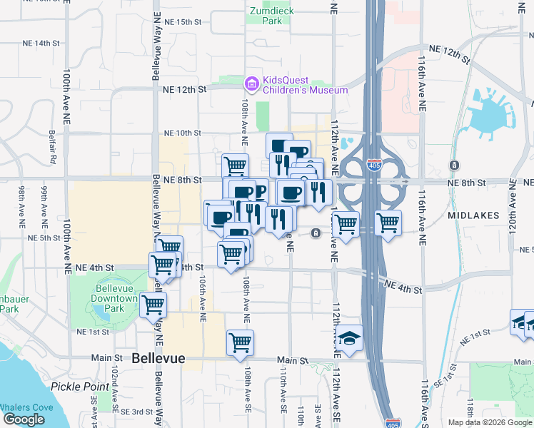 map of restaurants, bars, coffee shops, grocery stores, and more near 600 108th Avenue Northeast in Bellevue