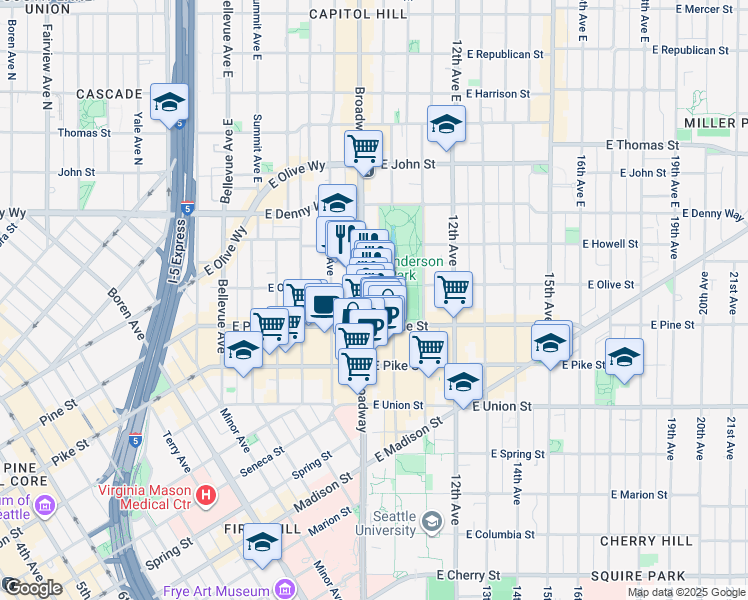 map of restaurants, bars, coffee shops, grocery stores, and more near 1620 Broadway in Seattle