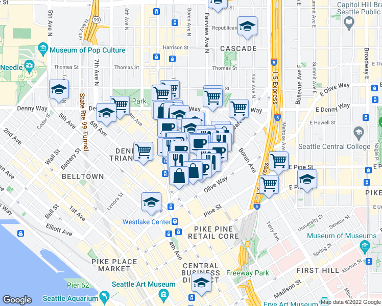 map of restaurants, bars, coffee shops, grocery stores, and more near 819 Virginia Street in Seattle