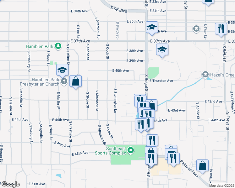 map of restaurants, bars, coffee shops, grocery stores, and more near 4131 South Stonington Lane in Spokane