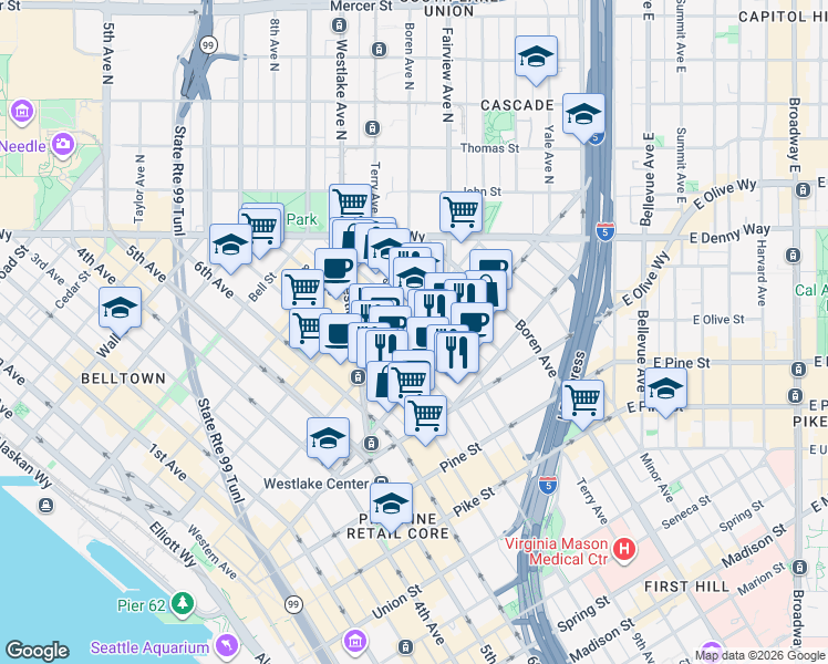 map of restaurants, bars, coffee shops, grocery stores, and more near 819 Virginia Street in Seattle