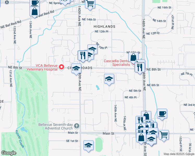 map of restaurants, bars, coffee shops, grocery stores, and more near 701 143rd Avenue Northeast in Bellevue
