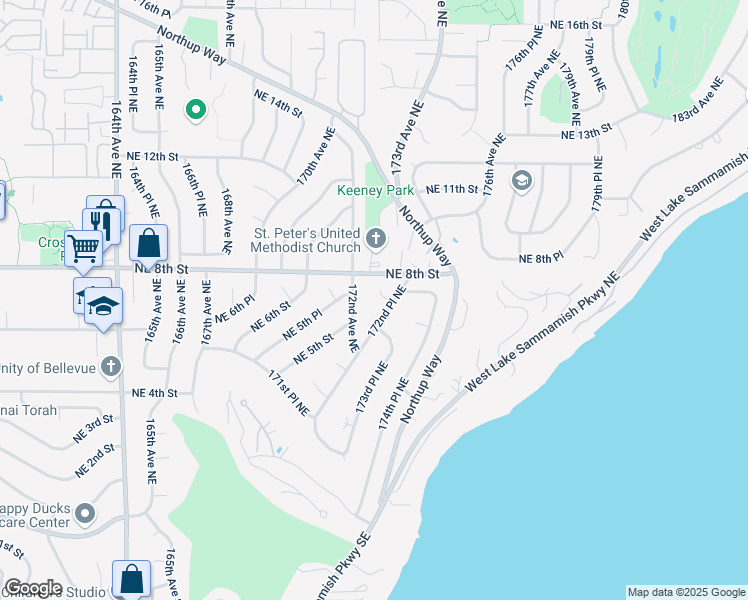 map of restaurants, bars, coffee shops, grocery stores, and more near 17217 Northeast 7th Place in Bellevue