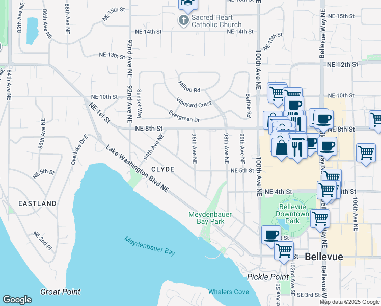 map of restaurants, bars, coffee shops, grocery stores, and more near 541 96th Avenue Northeast in Bellevue