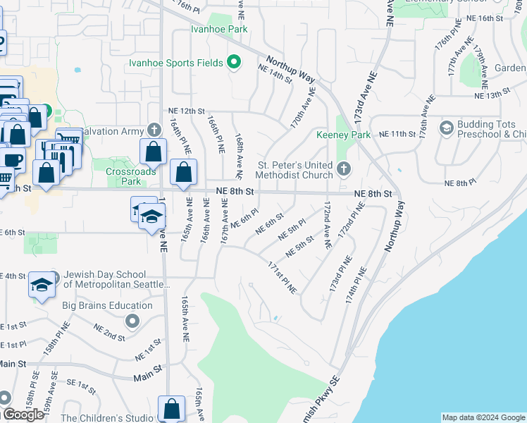 map of restaurants, bars, coffee shops, grocery stores, and more near 16815 Northeast 6th Place in Bellevue