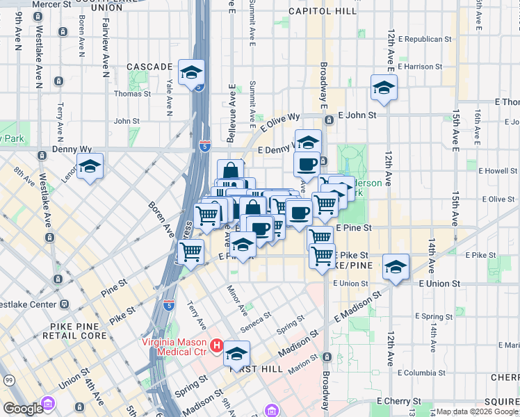 map of restaurants, bars, coffee shops, grocery stores, and more near 1627 Belmont Avenue in Seattle