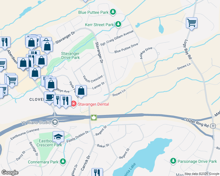 map of restaurants, bars, coffee shops, grocery stores, and more near 336 Stavanger Drive in St. John's