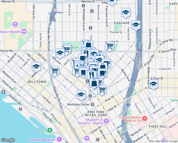 map of restaurants, bars, coffee shops, grocery stores, and more near 2020 Westlake Avenue in Seattle