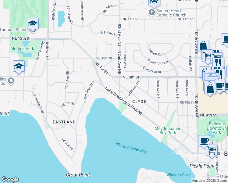 map of restaurants, bars, coffee shops, grocery stores, and more near 9100 Lake Washington Boulevard Northeast in Bellevue