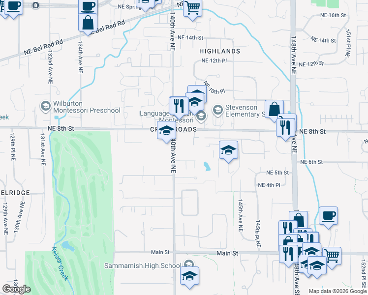 map of restaurants, bars, coffee shops, grocery stores, and more near 738 140th Avenue Northeast in Bellevue