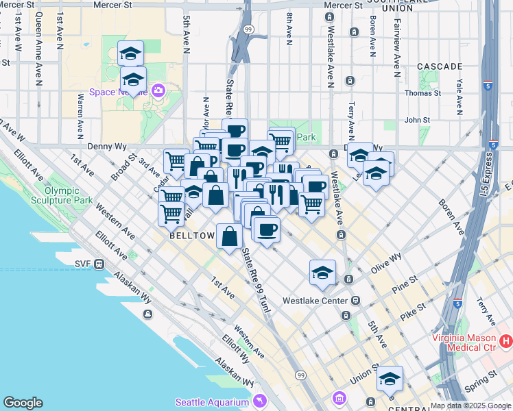 map of restaurants, bars, coffee shops, grocery stores, and more near 2301 5th Avenue in Seattle