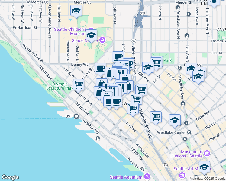 map of restaurants, bars, coffee shops, grocery stores, and more near 2505 3rd Avenue in Seattle