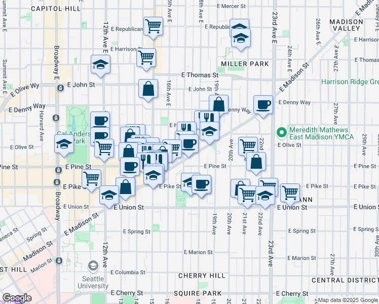 map of restaurants, bars, coffee shops, grocery stores, and more near 1700 East Madison Street in Seattle