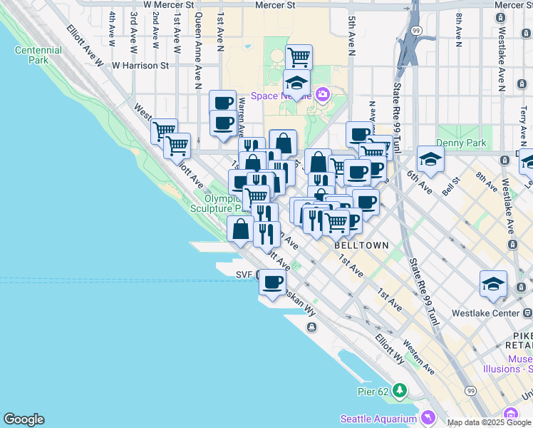 map of restaurants, bars, coffee shops, grocery stores, and more near 2800 Western Avenue in Seattle