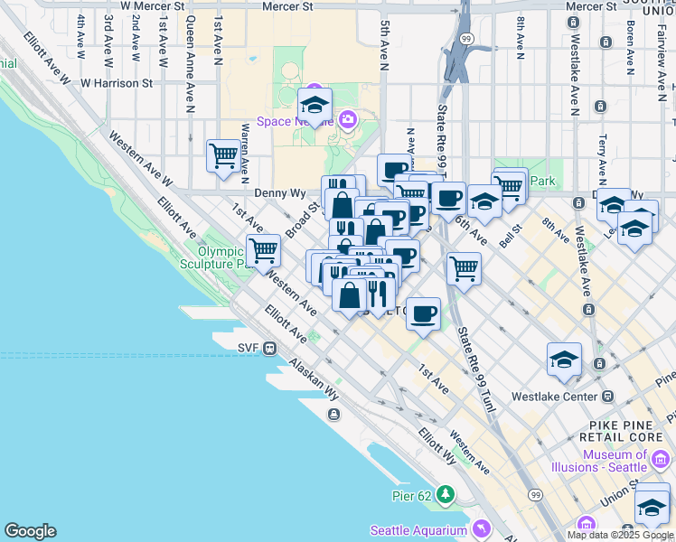 map of restaurants, bars, coffee shops, grocery stores, and more near 2621 2nd Avenue in Seattle