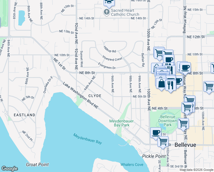 map of restaurants, bars, coffee shops, grocery stores, and more near 701 95th Avenue Northeast in Bellevue