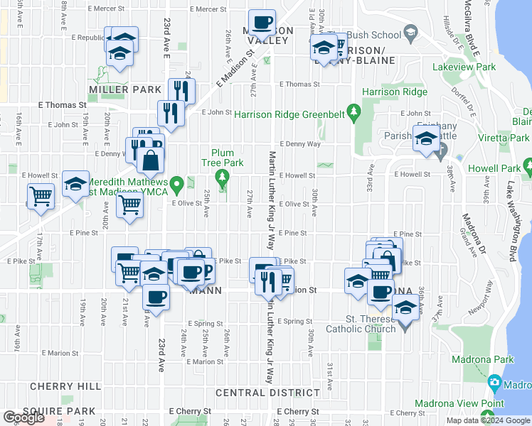 map of restaurants, bars, coffee shops, grocery stores, and more near in Seattle