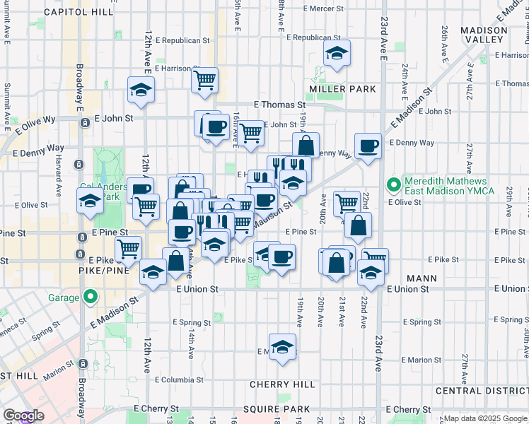 map of restaurants, bars, coffee shops, grocery stores, and more near 1700 East Madison Street in Seattle