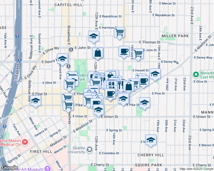 map of restaurants, bars, coffee shops, grocery stores, and more near 1623A 14th Avenue in Seattle