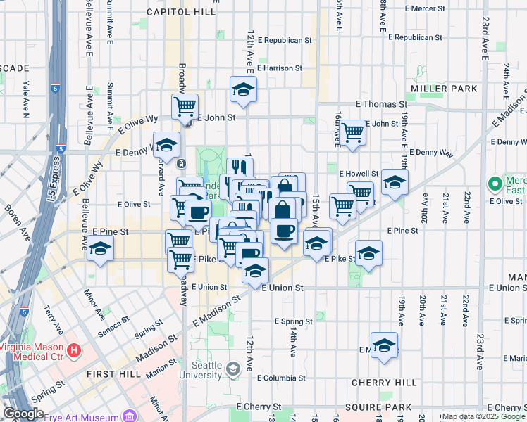 map of restaurants, bars, coffee shops, grocery stores, and more near 1625 13th Avenue in Seattle