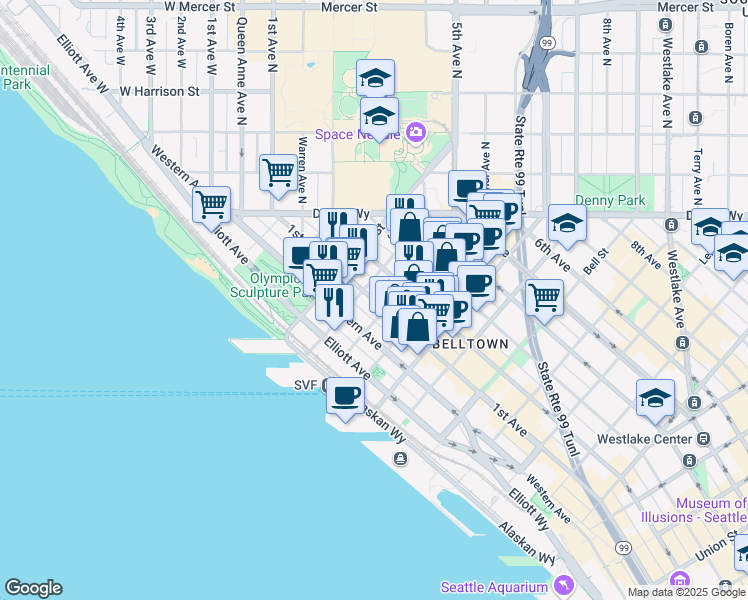 map of restaurants, bars, coffee shops, grocery stores, and more near in Seattle
