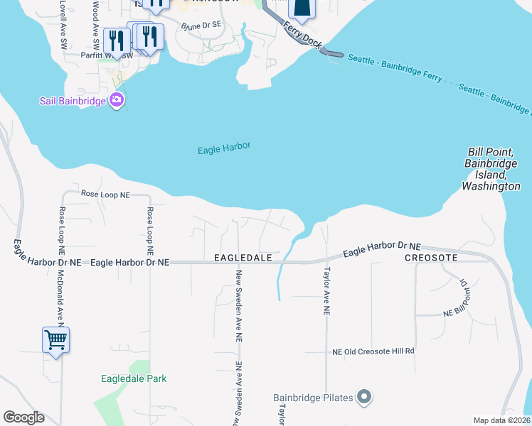 map of restaurants, bars, coffee shops, grocery stores, and more near 5821 Ward Avenue Northeast in Bainbridge Island