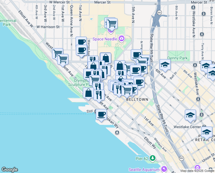 map of restaurants, bars, coffee shops, grocery stores, and more near 2721 1st Avenue in Seattle