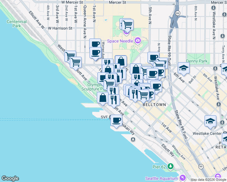 map of restaurants, bars, coffee shops, grocery stores, and more near 2800 Western Avenue in Seattle