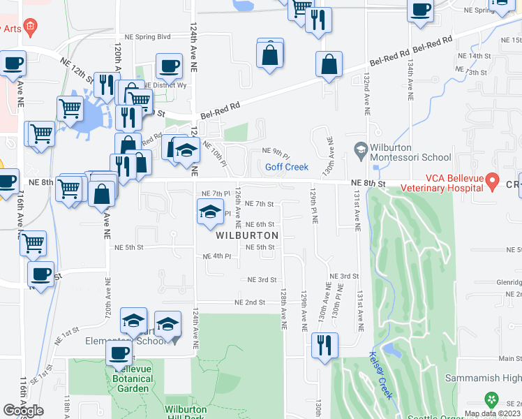 map of restaurants, bars, coffee shops, grocery stores, and more near 12654 Northeast 6th Street in Bellevue