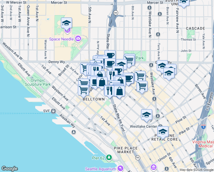 map of restaurants, bars, coffee shops, grocery stores, and more near 2320 4th Avenue in Seattle