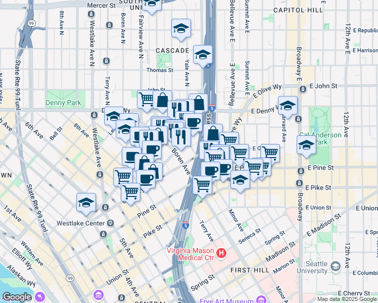 map of restaurants, bars, coffee shops, grocery stores, and more near 1812 Boren Avenue in Seattle