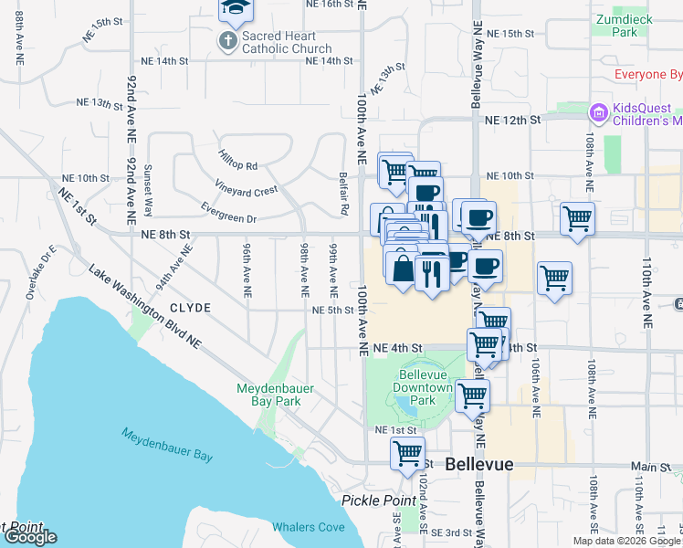 map of restaurants, bars, coffee shops, grocery stores, and more near 538 99th Avenue Northeast in Bellevue