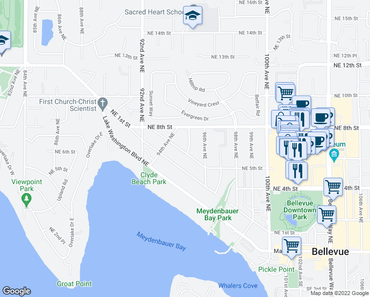 map of restaurants, bars, coffee shops, grocery stores, and more near 701 95th Avenue Northeast in Bellevue