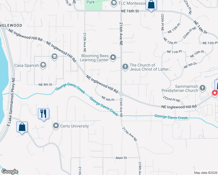map of restaurants, bars, coffee shops, grocery stores, and more near Northeast Inglewood Hill Road in Sammamish