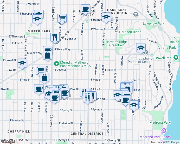 map of restaurants, bars, coffee shops, grocery stores, and more near in Seattle