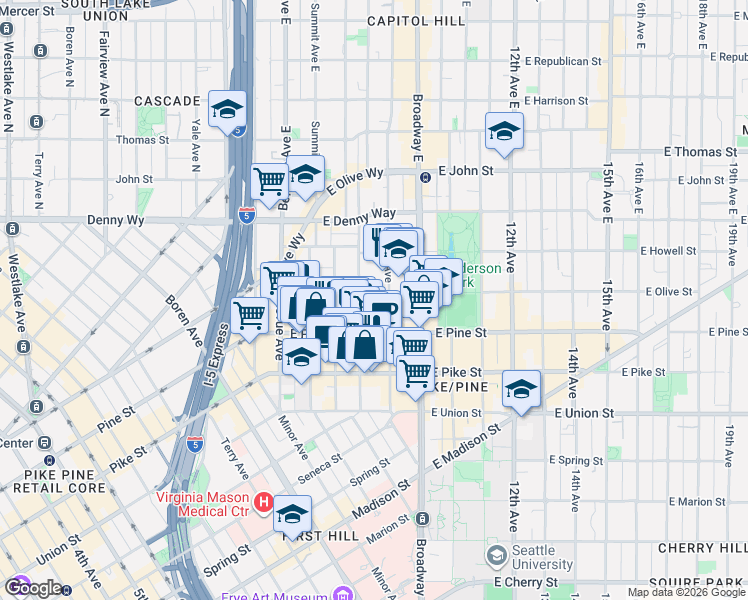 map of restaurants, bars, coffee shops, grocery stores, and more near 1617 Boylston Avenue in Seattle
