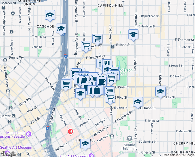 map of restaurants, bars, coffee shops, grocery stores, and more near 1617 Boylston Avenue in Seattle