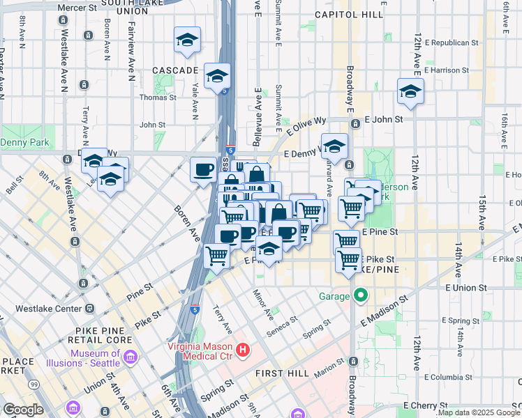 map of restaurants, bars, coffee shops, grocery stores, and more near 1628 Bellevue Avenue in Seattle