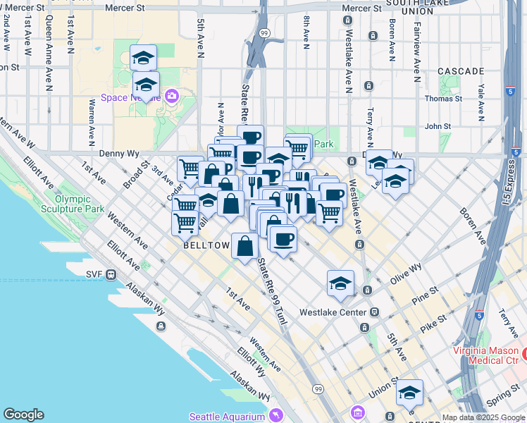 map of restaurants, bars, coffee shops, grocery stores, and more near in Seattle