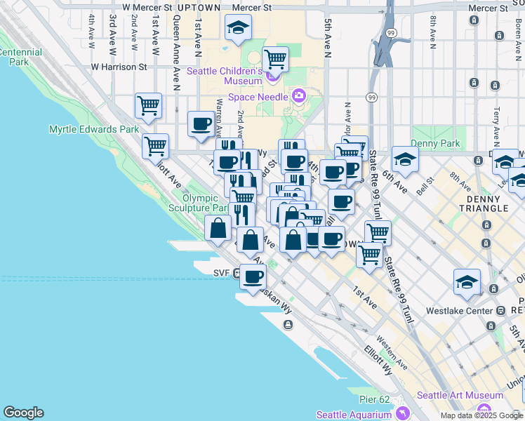 map of restaurants, bars, coffee shops, grocery stores, and more near 81 Clay Street in Seattle