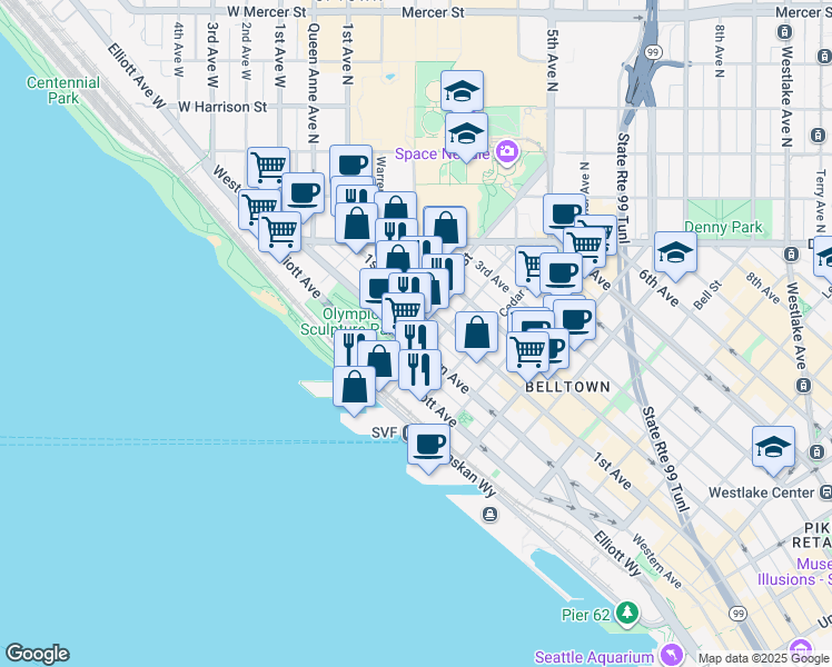 map of restaurants, bars, coffee shops, grocery stores, and more near 2801 Western Avenue in Seattle