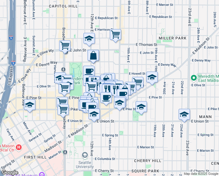 map of restaurants, bars, coffee shops, grocery stores, and more near 1623A 14th Avenue in Seattle