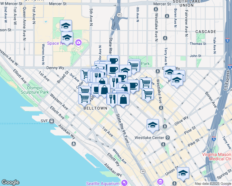 map of restaurants, bars, coffee shops, grocery stores, and more near 2301 5th Avenue in Seattle
