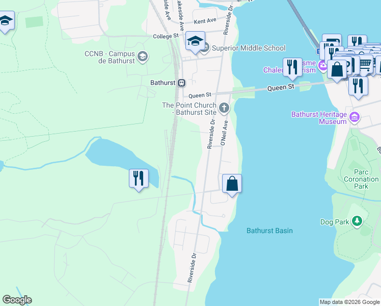 map of restaurants, bars, coffee shops, grocery stores, and more near 874 Riverside Drive in Bathurst