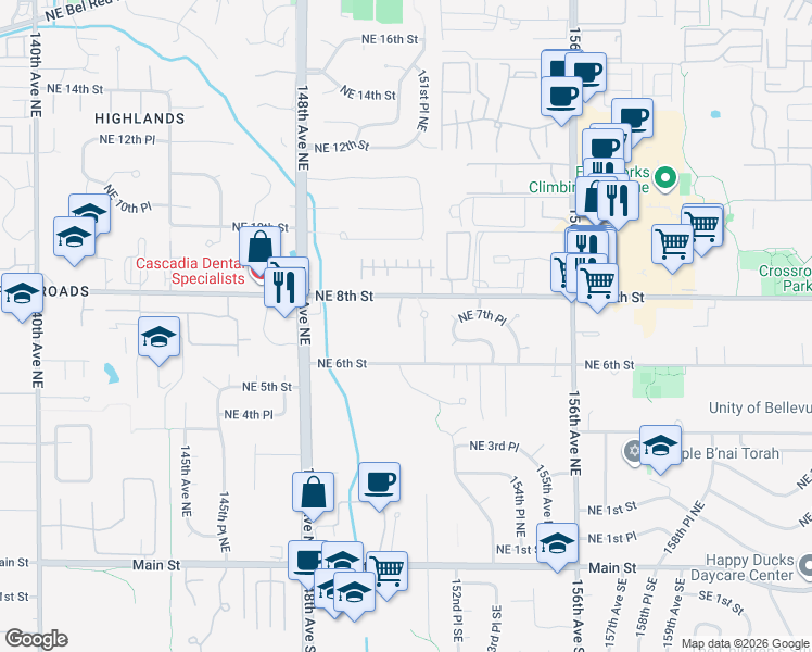 map of restaurants, bars, coffee shops, grocery stores, and more near 15162 Northeast 8th Street in Bellevue