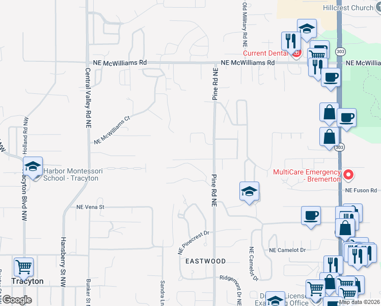 map of restaurants, bars, coffee shops, grocery stores, and more near 634 Northeast Dawn Road in Bremerton